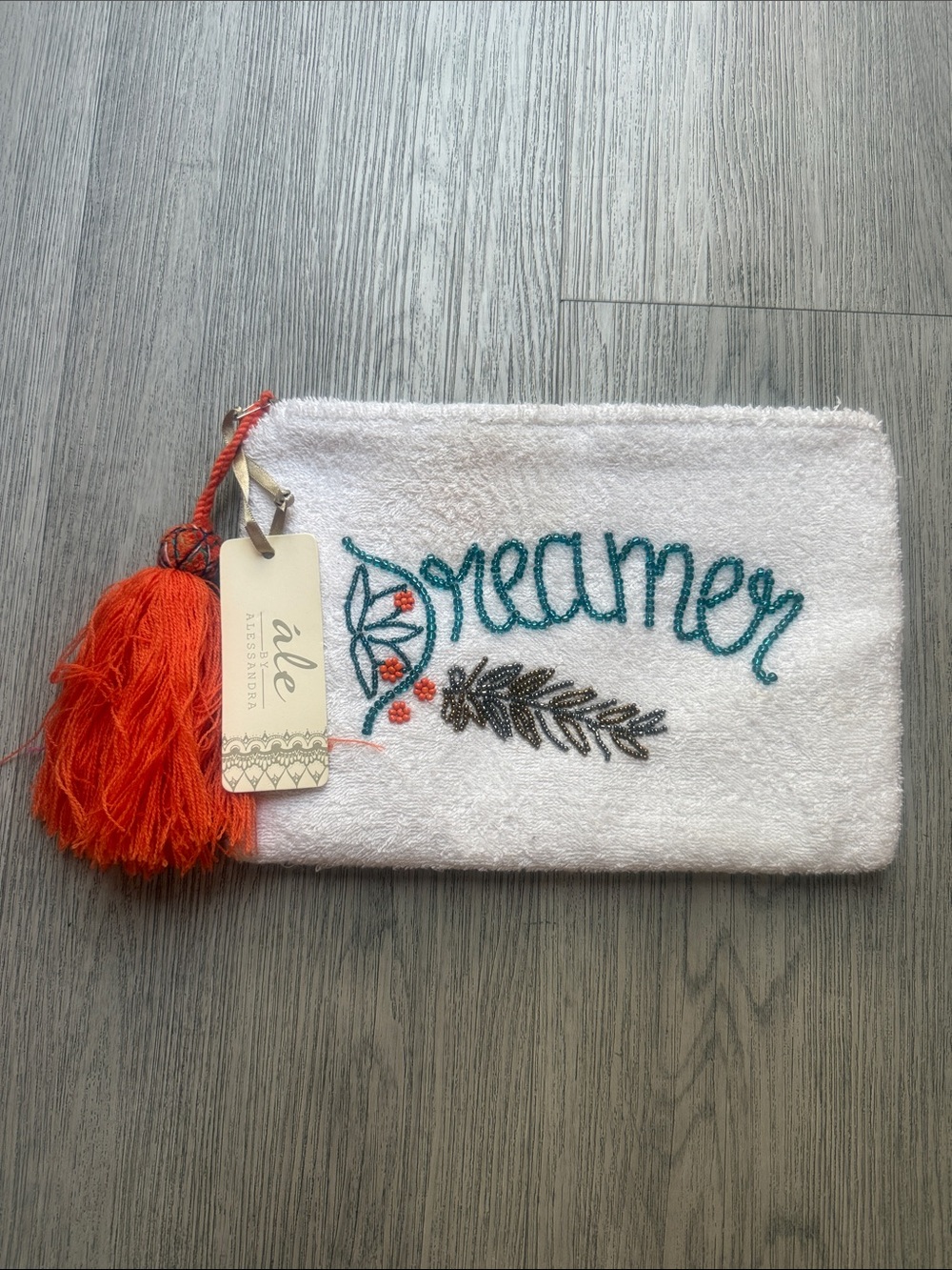 Ake White 'Dreamer' Embroidered Wristlet Clutch with Orange Tassel